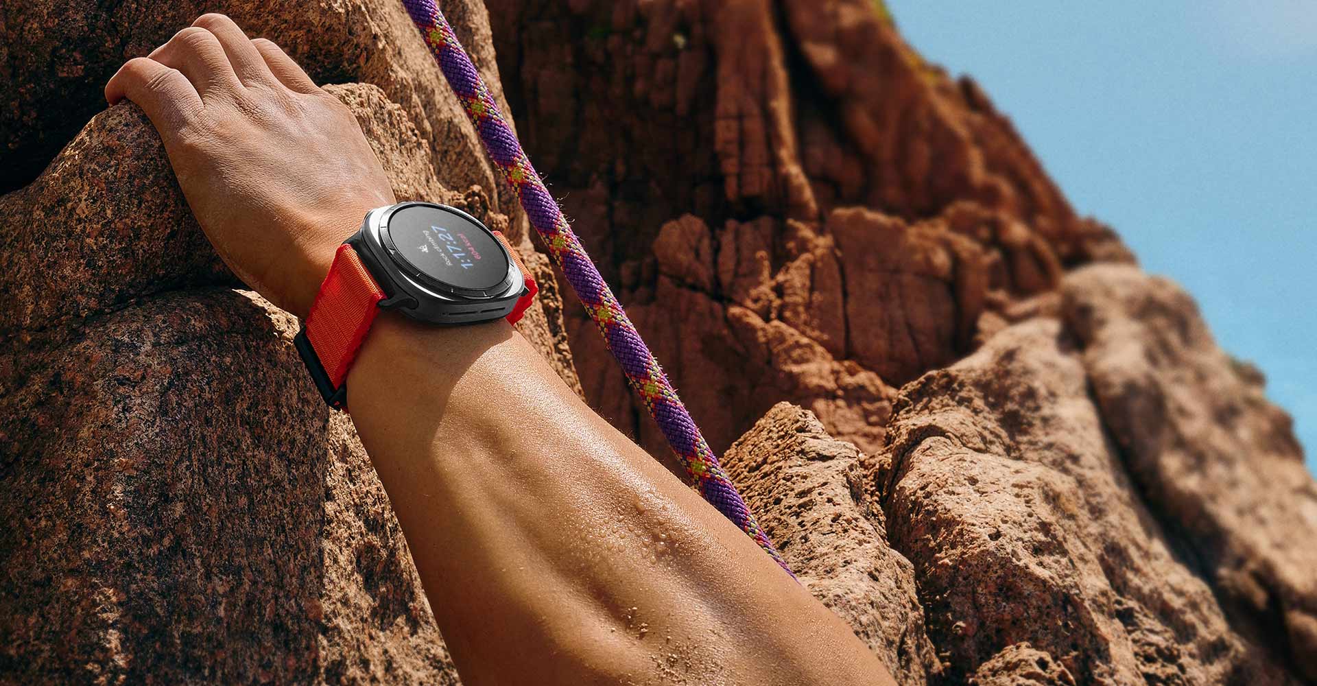 Samsung Galaxy Watch Ultra on wrist during rock climbing