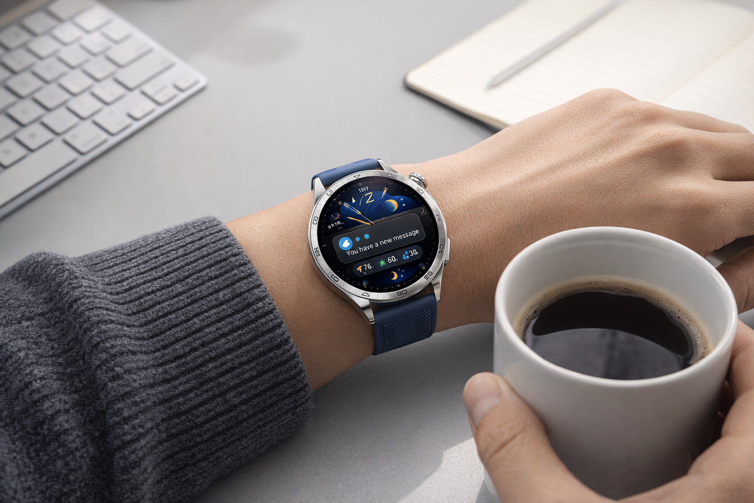 Huawei Watch GT 5 worn casually at an office desk with coffee