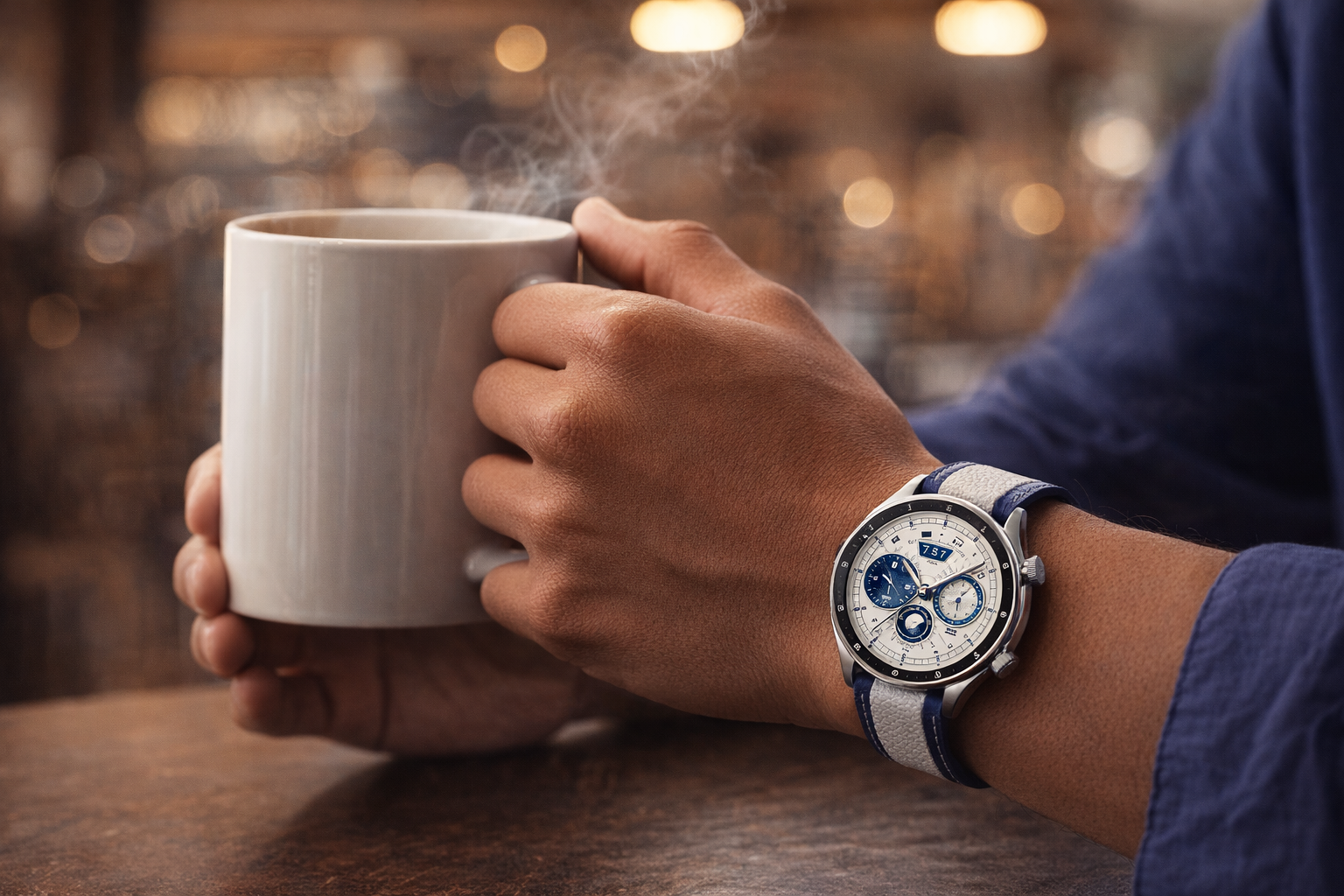 Xiaomi Watch S4 close-up while holding a coffee mug in a cafe