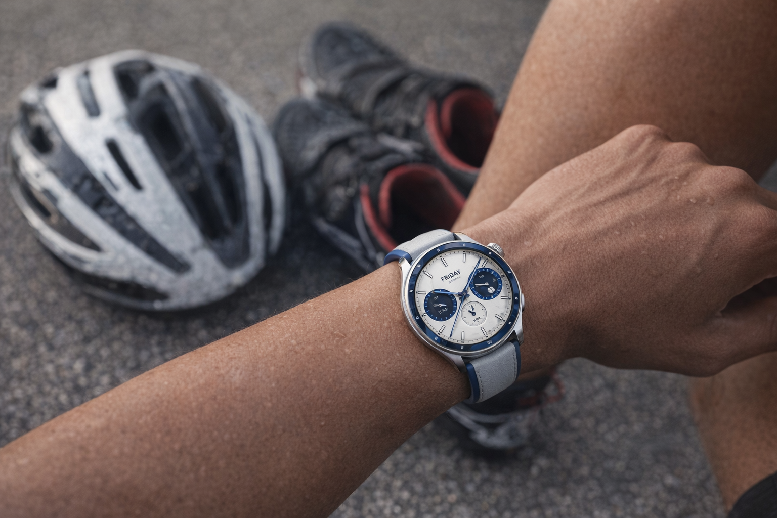 Xiaomi Watch S4 on wrist during a triathlon transition