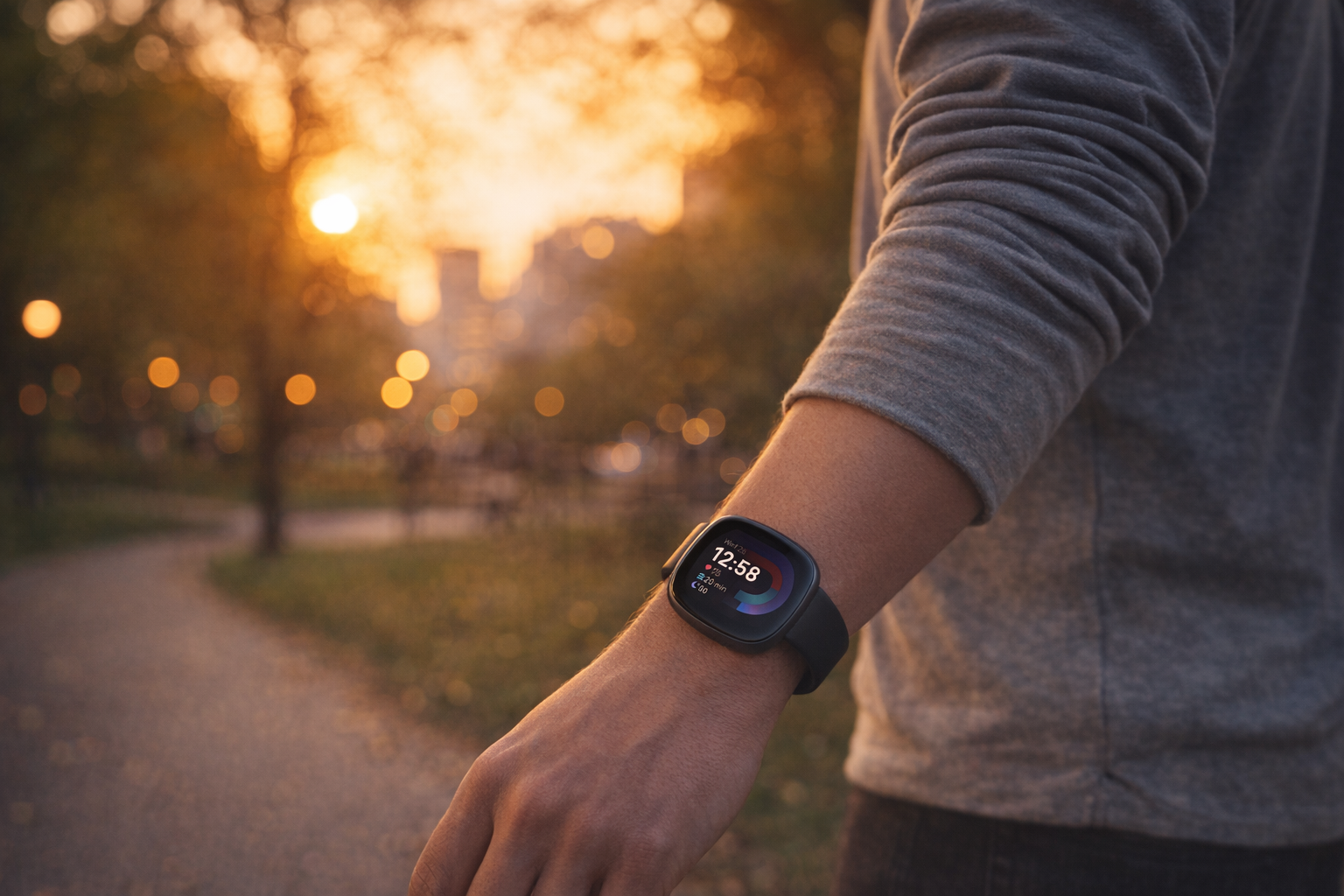 Fitbit Versa 4 worn during an evening stroll through a city park at golden hour