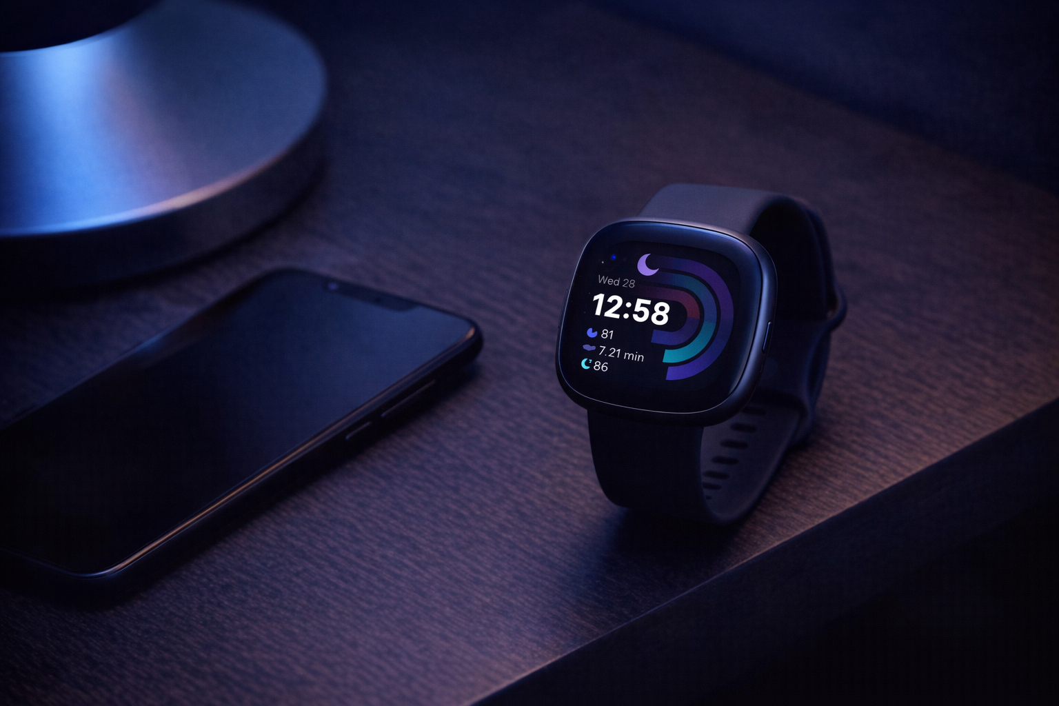 Fitbit Versa 4 on a nightstand beside a phone, displaying sleep tracking data in dim ambient light