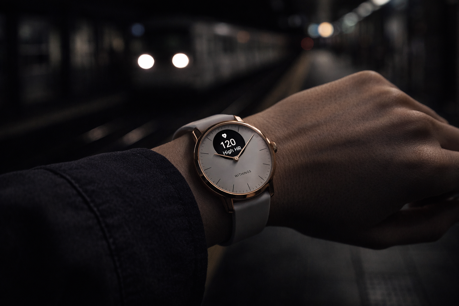 Withings ScanWatch Light worn at a subway platform in moody urban lighting