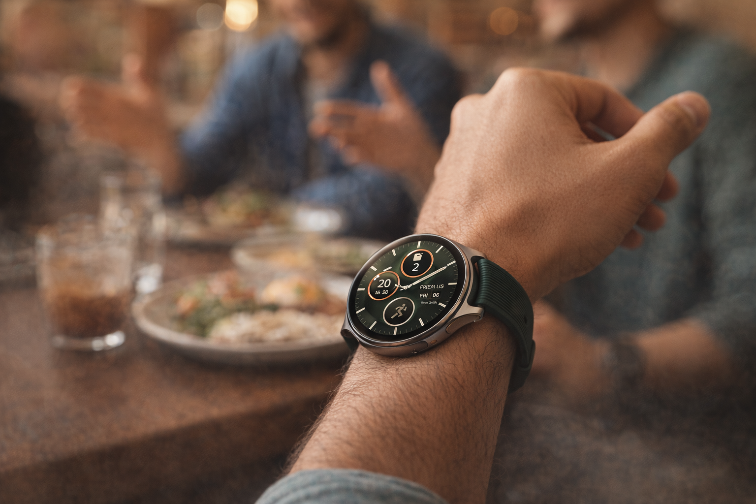 OnePlus Watch 2 worn casually during a weekend brunch