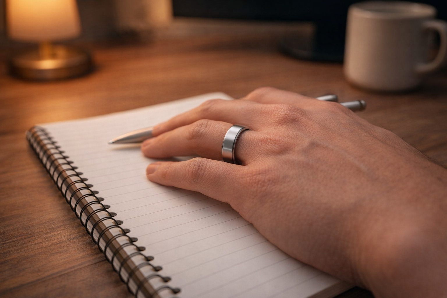 Samsung Galaxy Ring worn while writing in a notebook at a home office desk