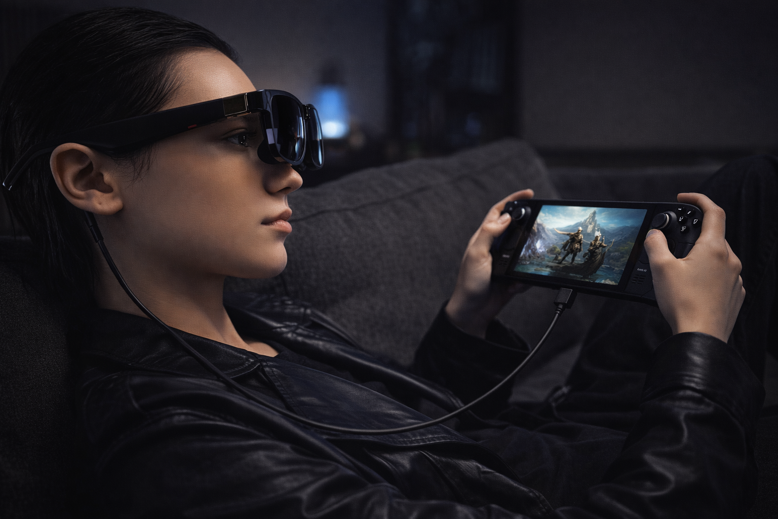 Gamer wearing XREAL One Pro glasses connected to a handheld gaming console on a couch