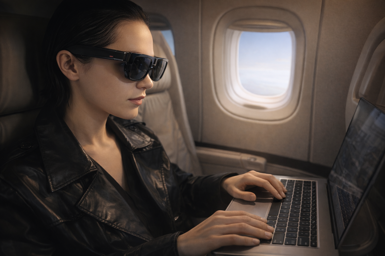 Person wearing XREAL One Pro AR glasses while working on a laptop during a flight