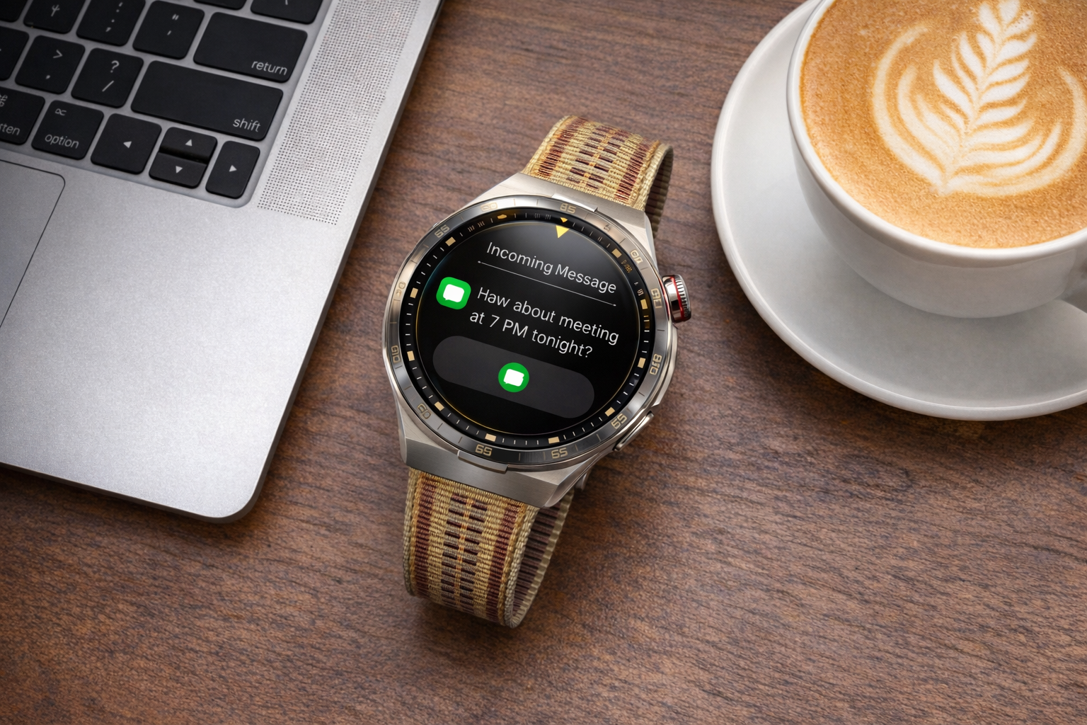 Huawei Watch GT 6 Pro displaying notification on desk beside laptop and coffee