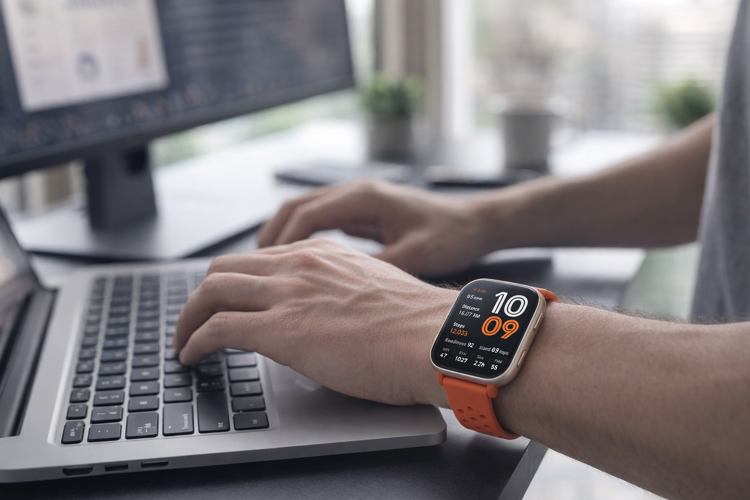 Amazfit Bip 6 with orange band worn while typing on a laptop at a desk