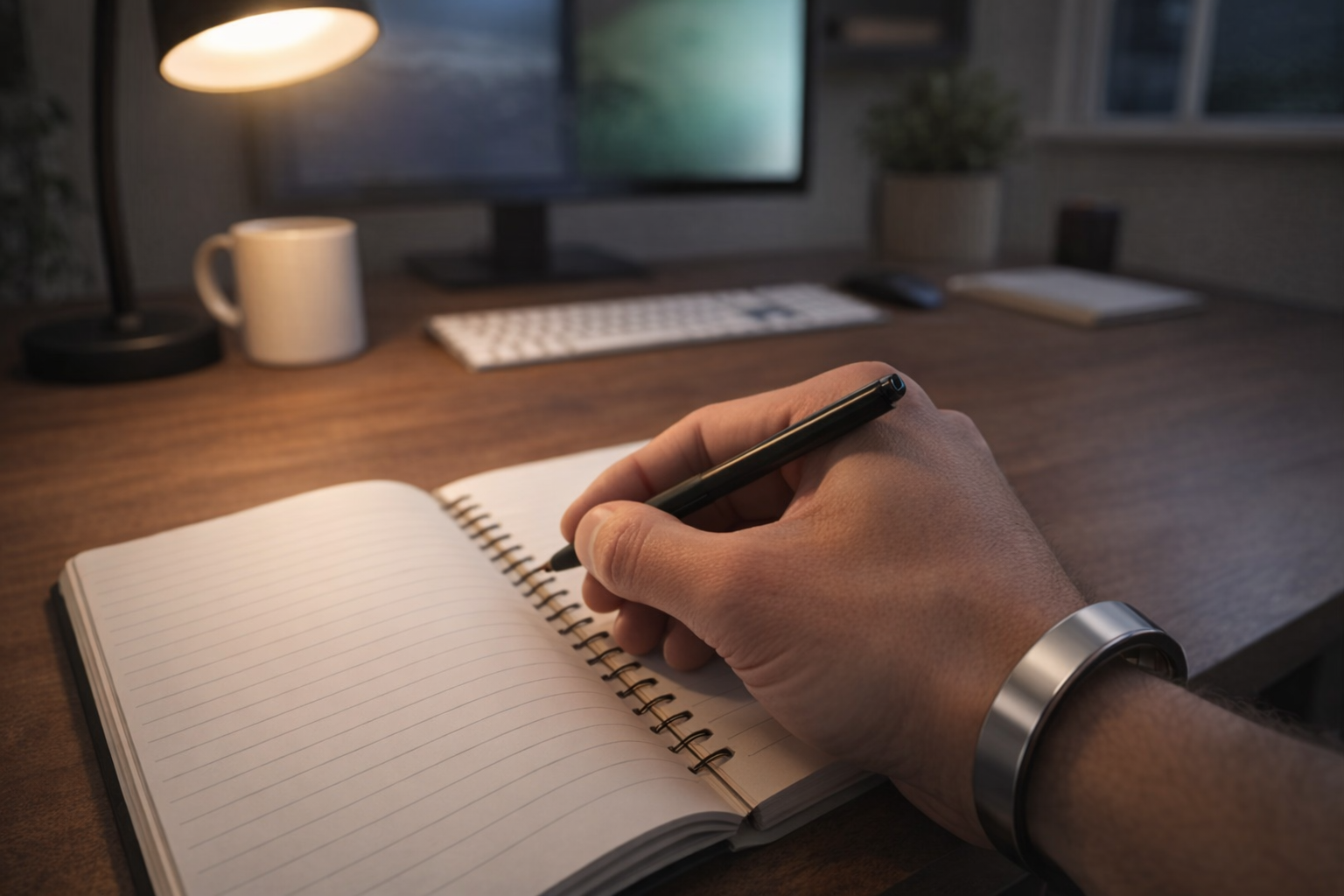 Samsung Galaxy Ring worn while writing in a notebook at a home office desk