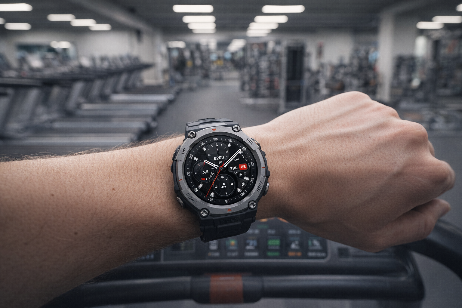 Amazfit T-Rex 3 on wrist during gym treadmill workout