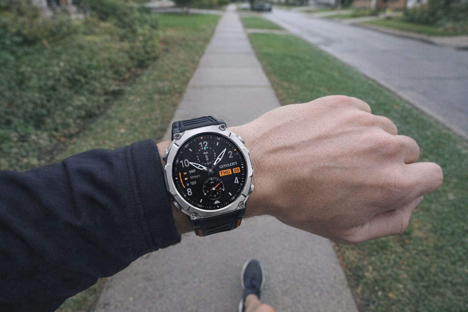 Amazfit T-Rex Ultra 2 on the wrist during an outdoor jog