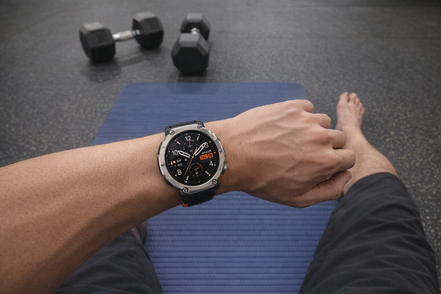 Amazfit T-Rex Ultra 2 on the wrist during a gym workout session