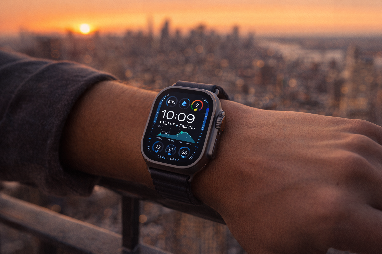Apple Watch Ultra 2 worn on wrist at sunset on a rooftop terrace