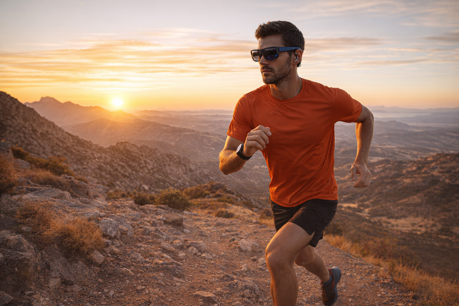 Runner wearing Xreal 1S AR glasses on a mountain trail at golden hour