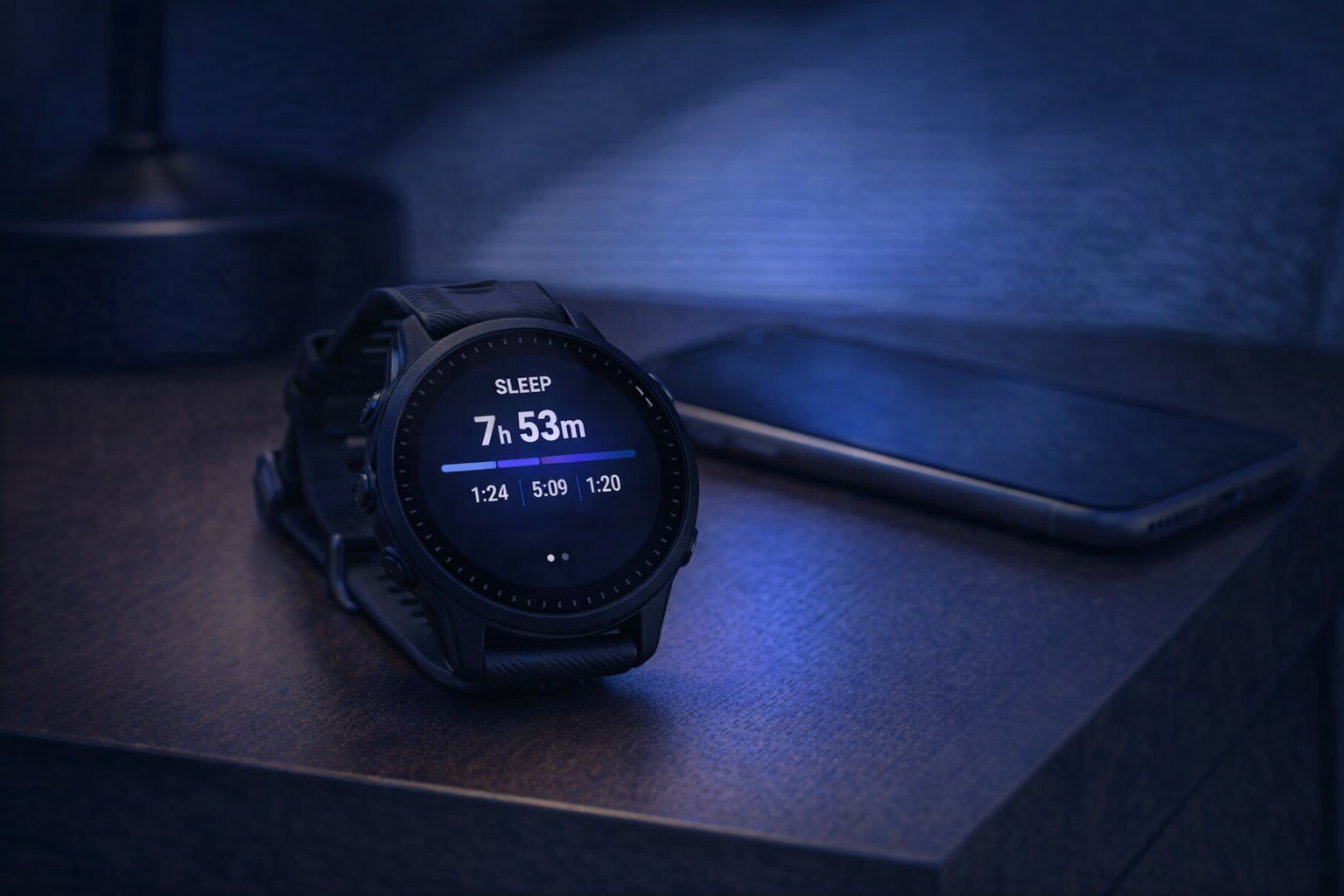 Garmin Forerunner 955 on nightstand showing sleep tracking data