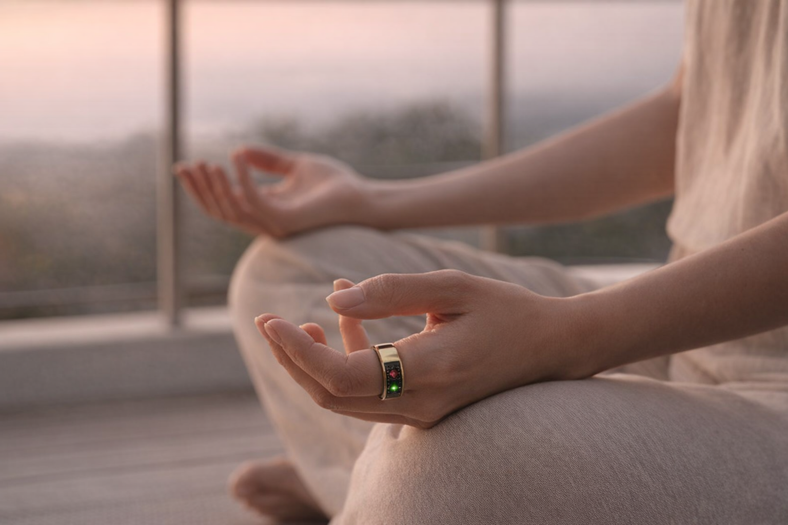 Person meditating at sunrise wearing Oura Ring Generation 3