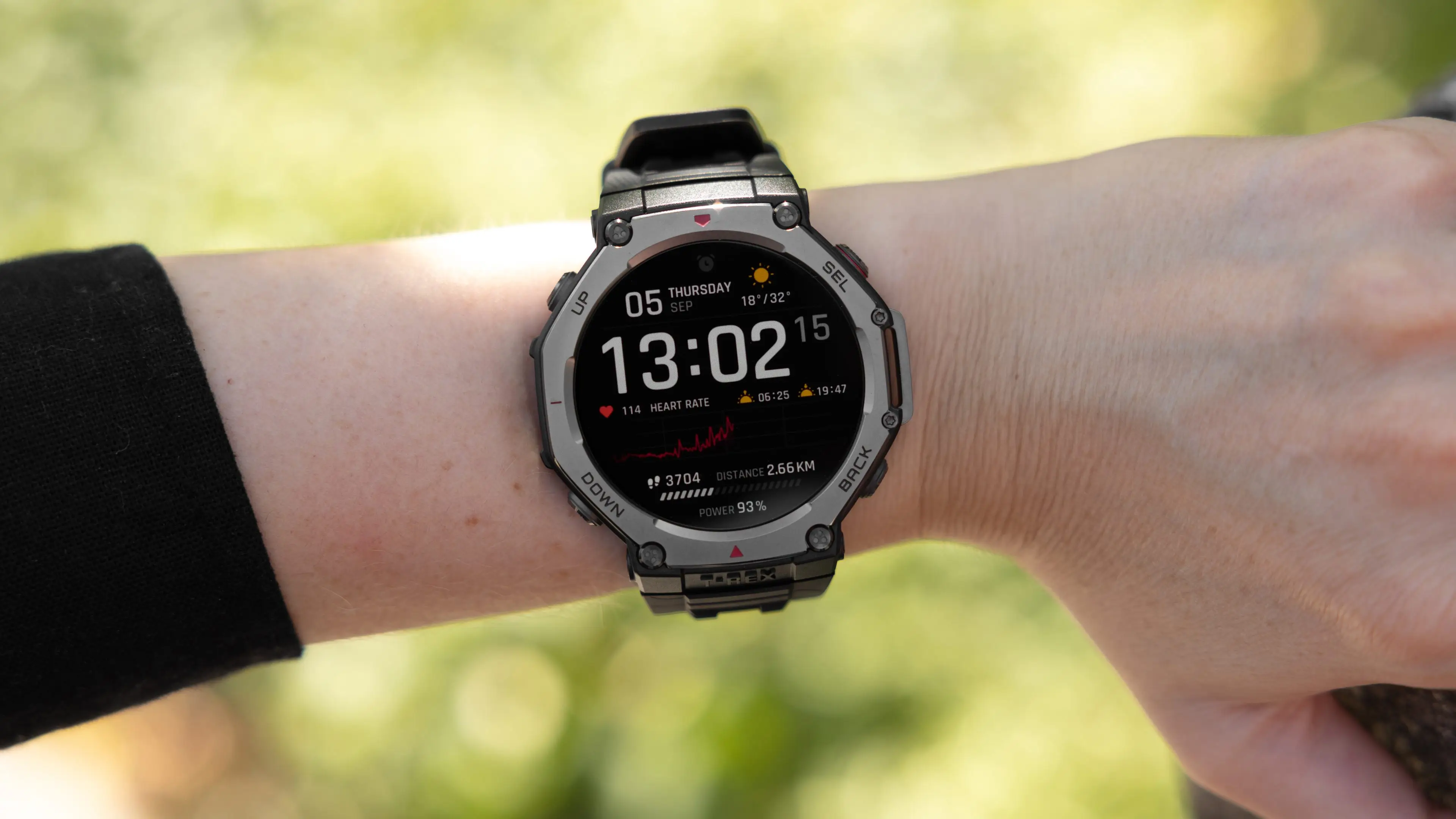 Amazfit T-Rex 3 on wrist showing its AMOLED display