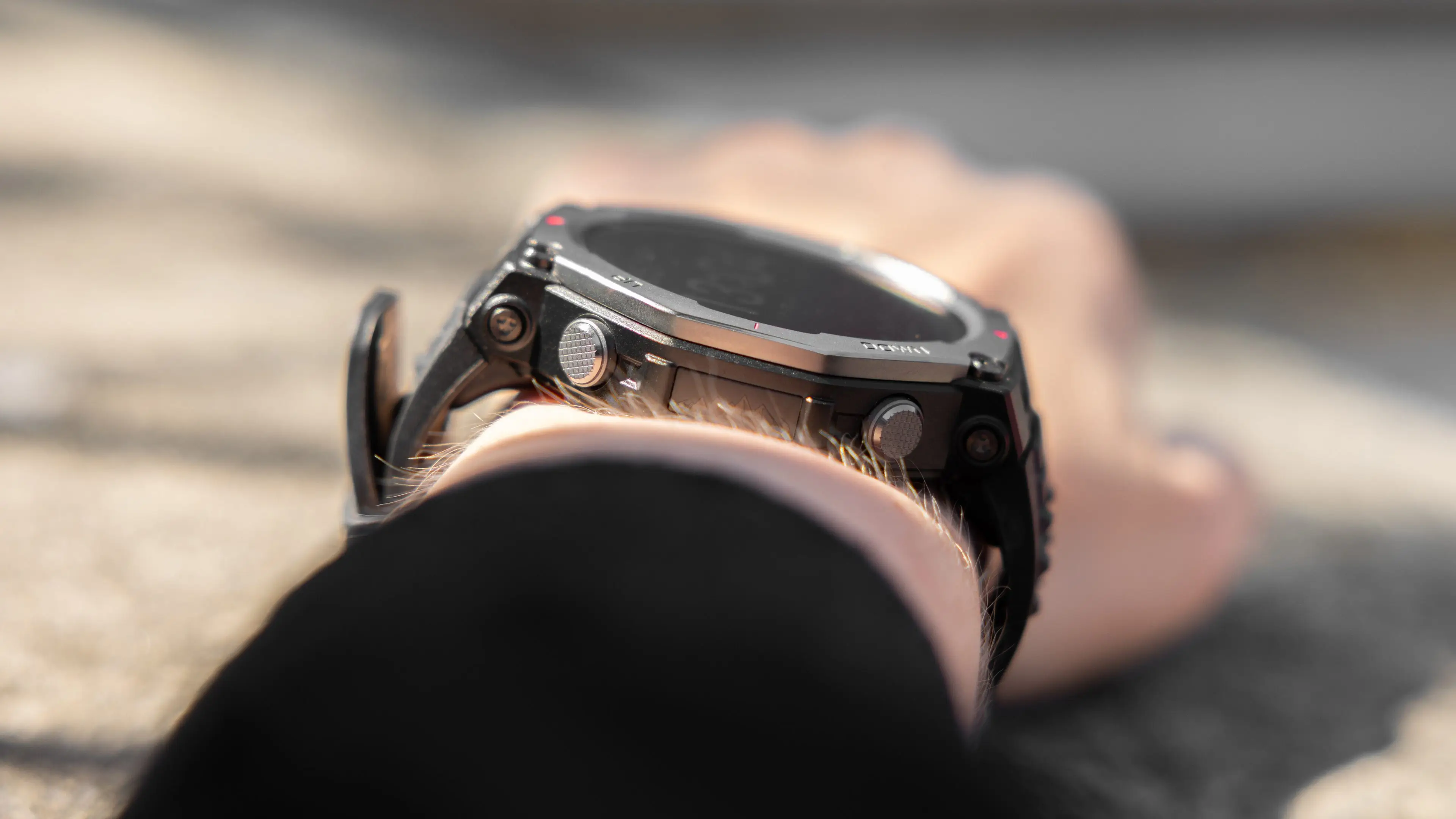 Amazfit T-Rex 3 side profile showing rugged button layout and crown