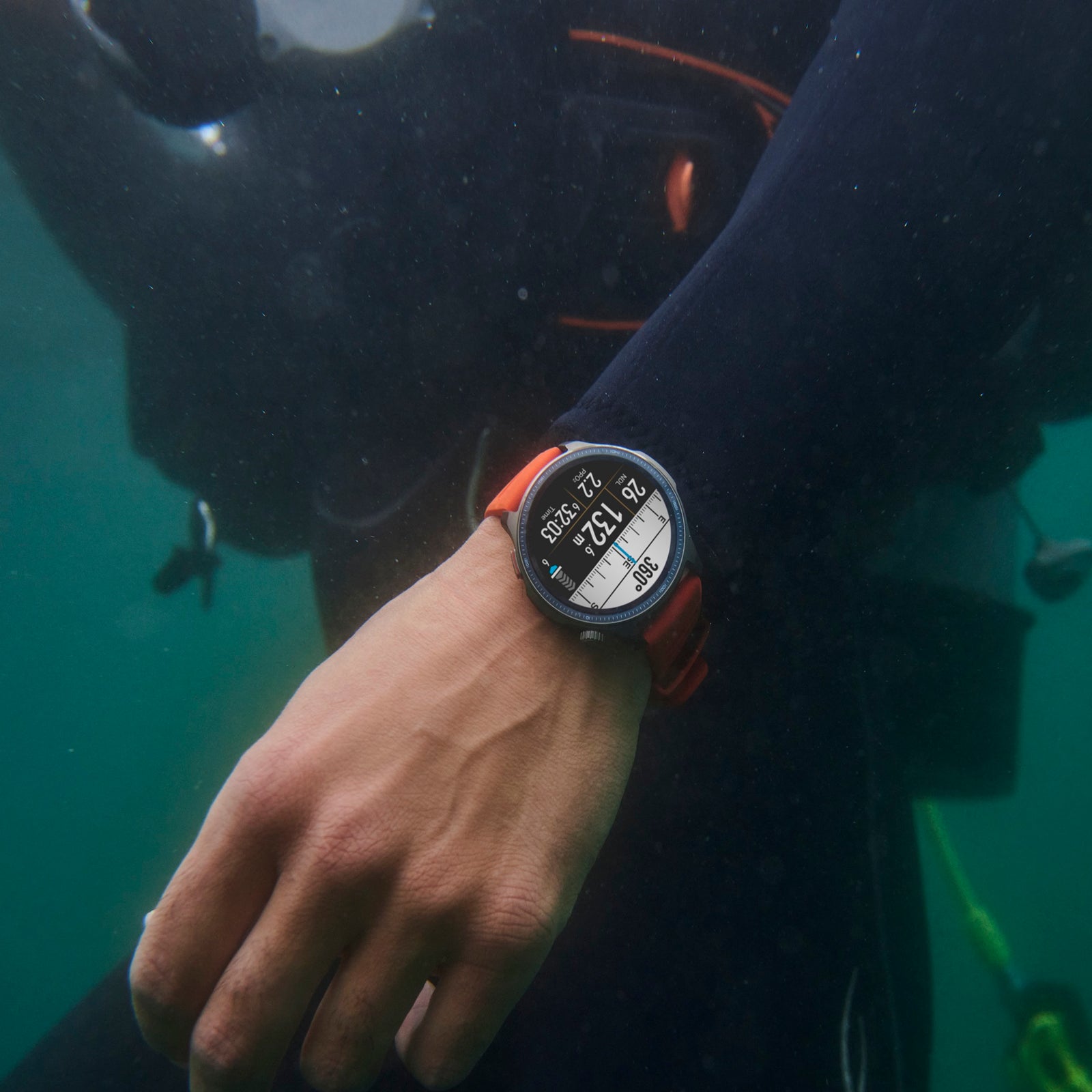 Amazfit T-Rex Ultra 2 underwater showing the dive computer depth screen