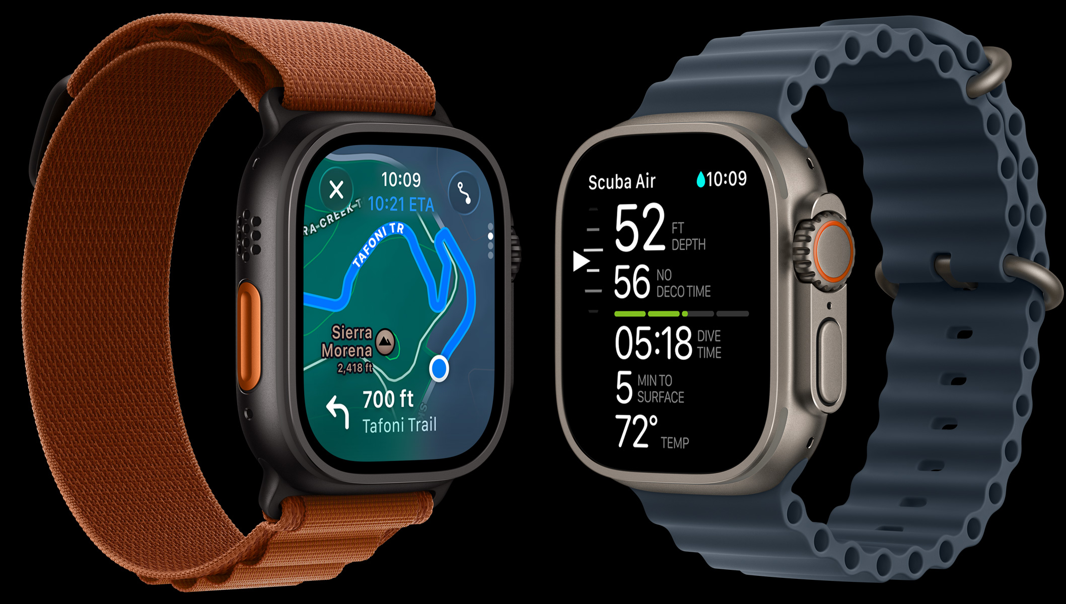 Apple Watch Ultra 3 with Alpine Loop and Ocean Band showing trail map and dive metrics