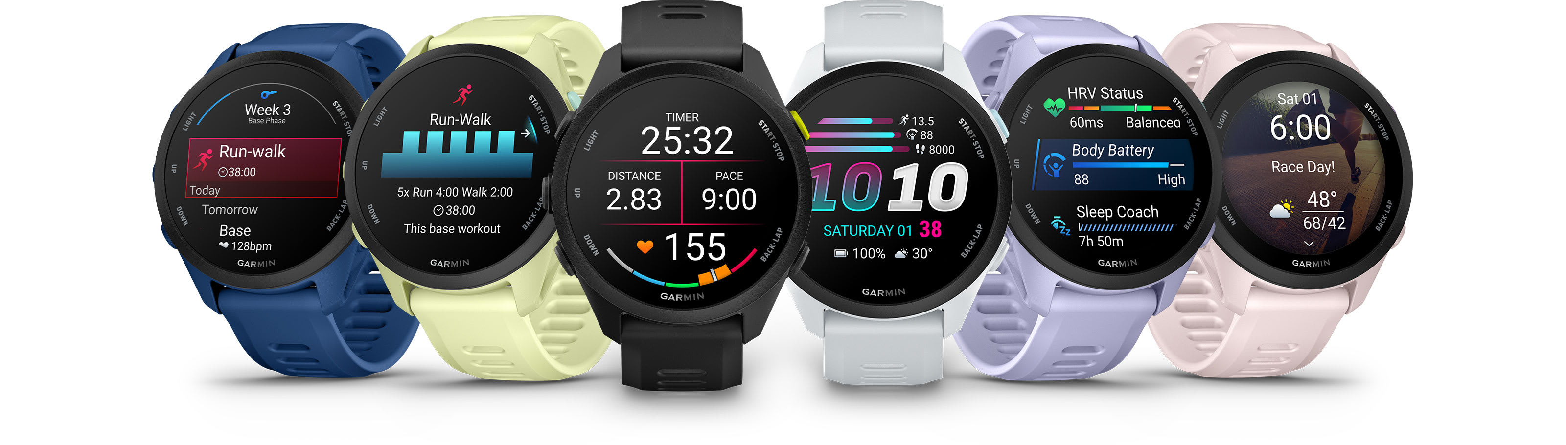 All six Garmin Forerunner 70 color variants side by side