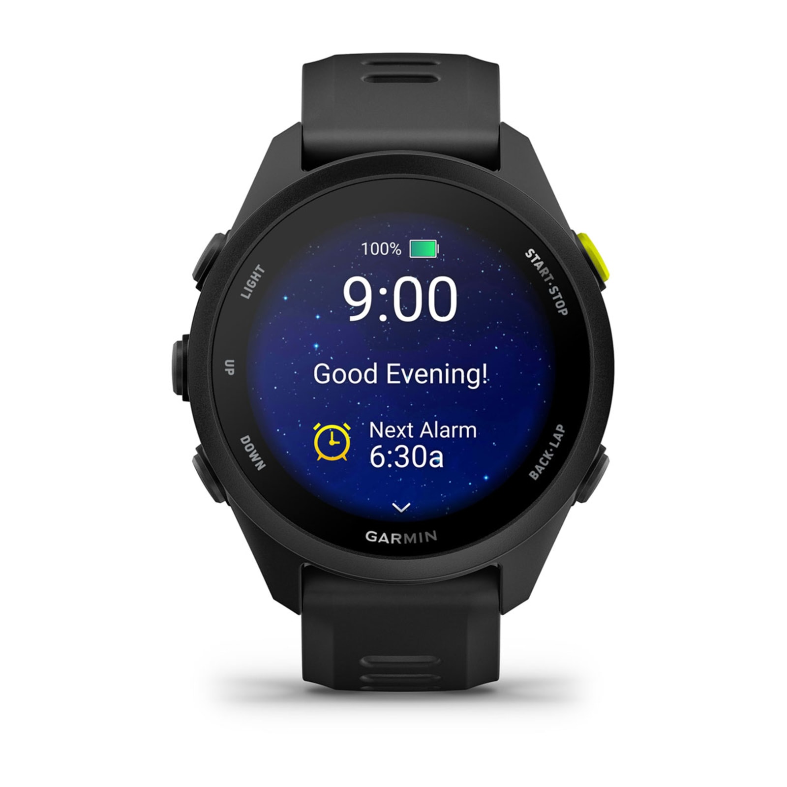 Garmin Forerunner 70 front view with evening watch face and alarm