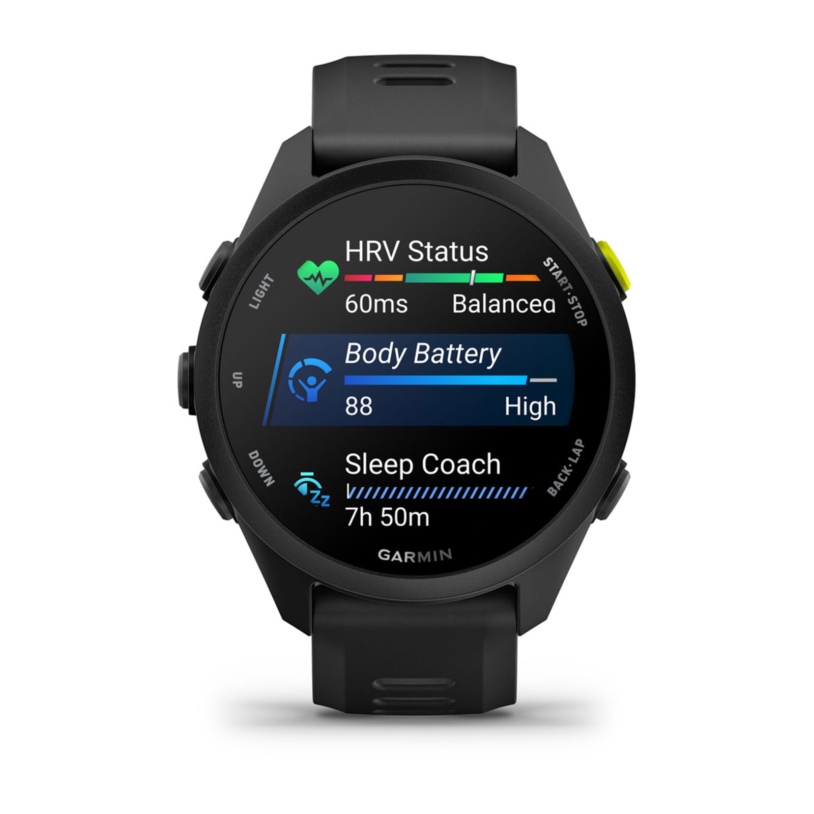 Garmin Forerunner 70 front view showing HRV Status, Body Battery and Sleep Coach widgets