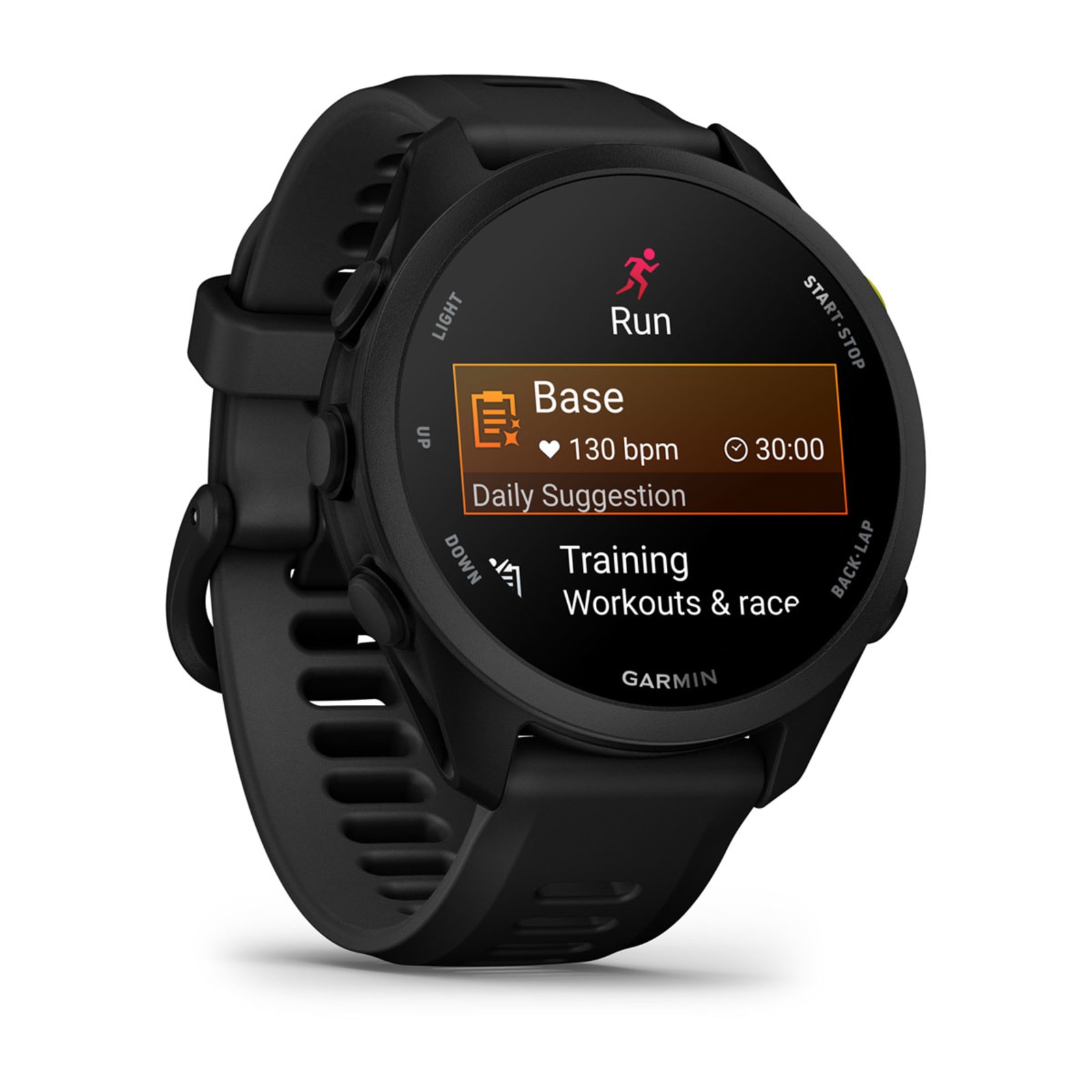 Garmin Forerunner 70 angled view showing daily suggested run workout