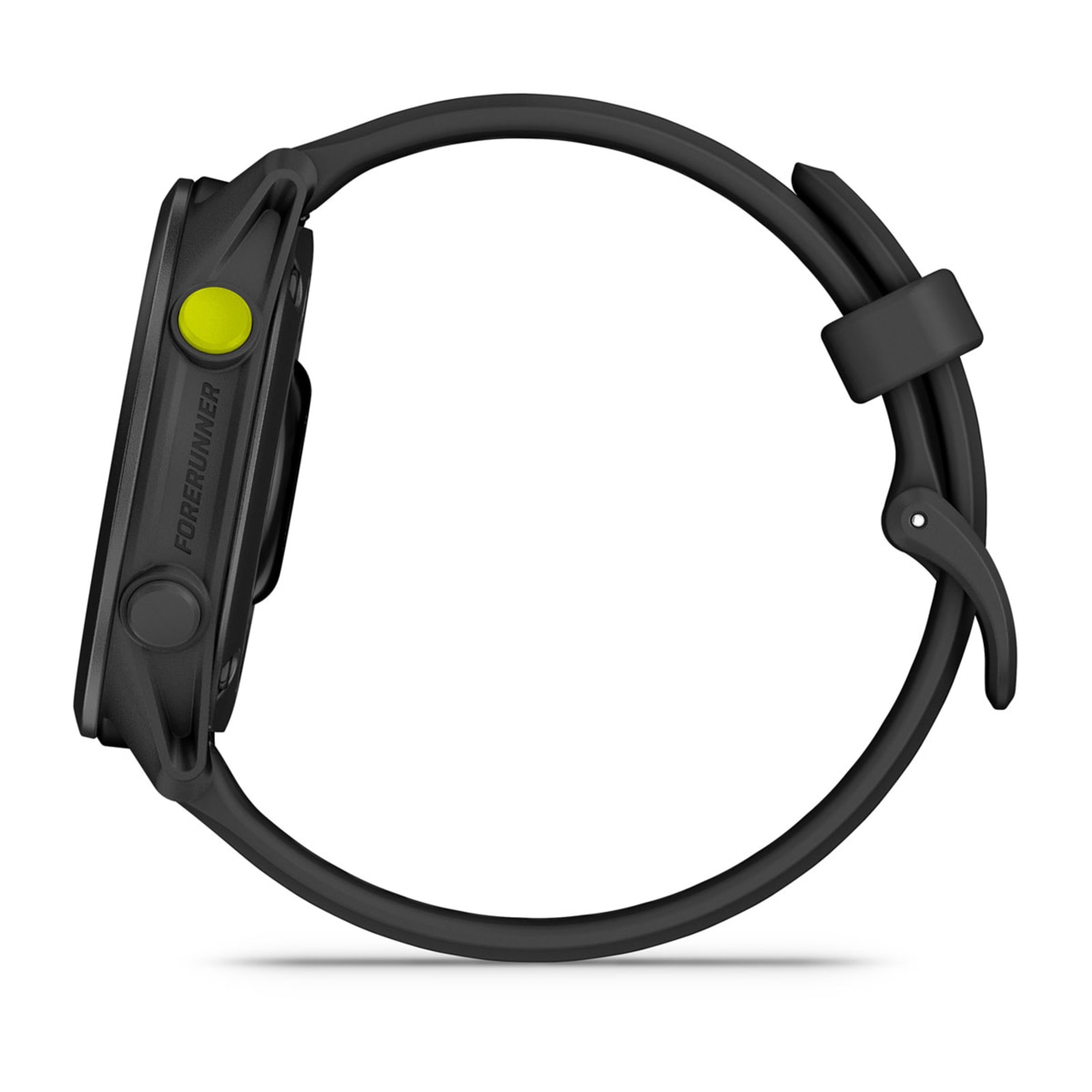 Garmin Forerunner 70 side profile with yellow start button and Forerunner engraving