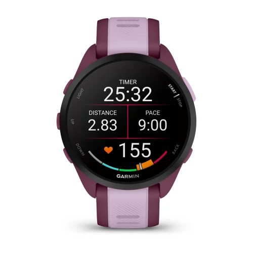 Garmin Forerunner 165 activity tracking screen showing timer, distance, pace, and heart rate