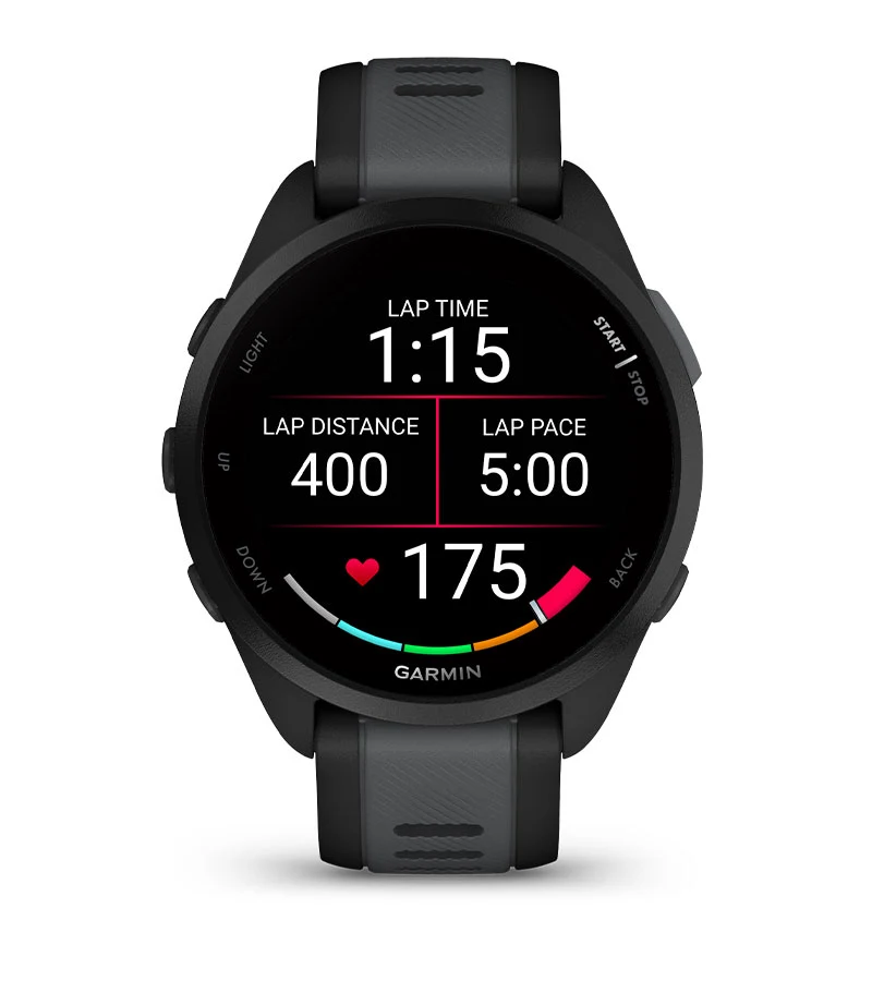 Garmin Forerunner 165 in Black/Slate showing lap tracking data