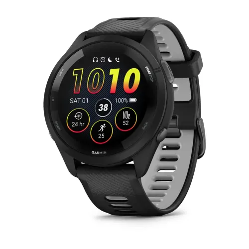Garmin Forerunner 265 in black showing AMOLED watch face