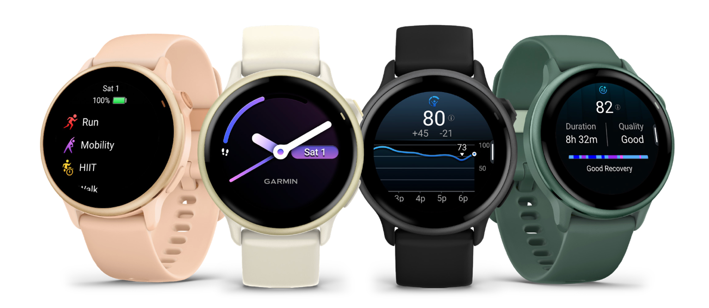 Garmin Vivoactive 6 color lineup showing all four available color options