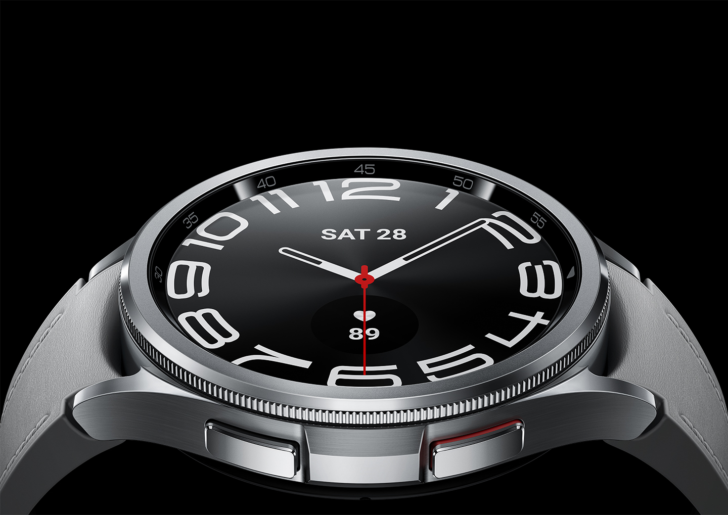 Samsung Galaxy Watch 6 Classic close-up showing rotating bezel and analog watch face
