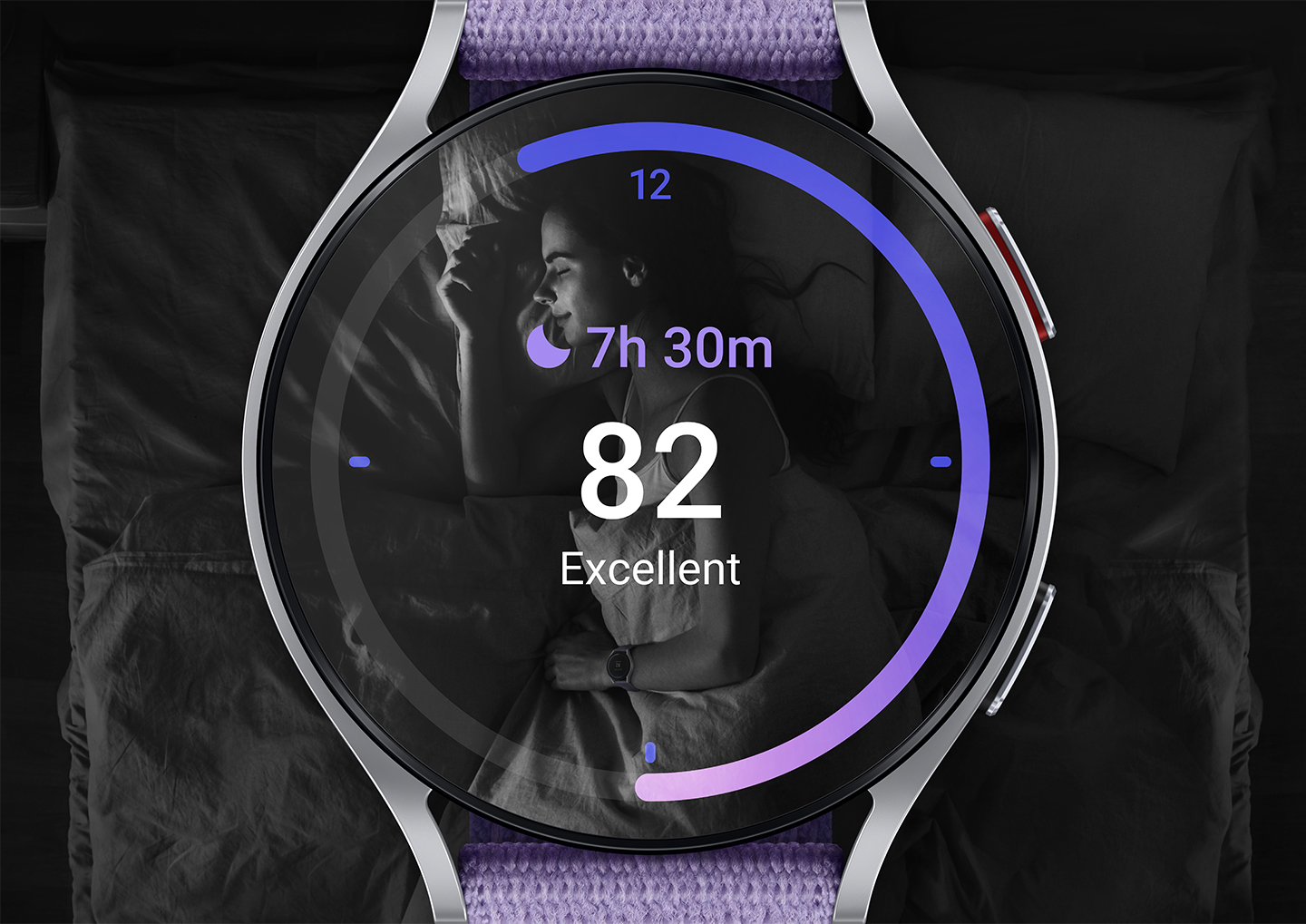 Samsung Galaxy Watch 6 sleep tracking display showing 7h 30m sleep score