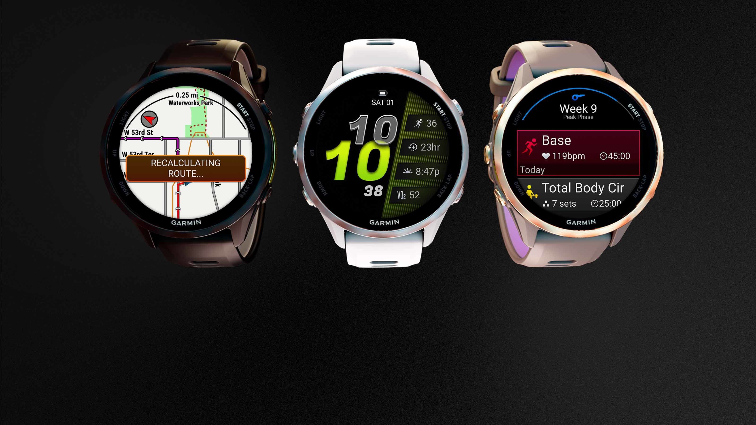 Garmin Forerunner 970 in three colorways showing maps, watch face, and training features