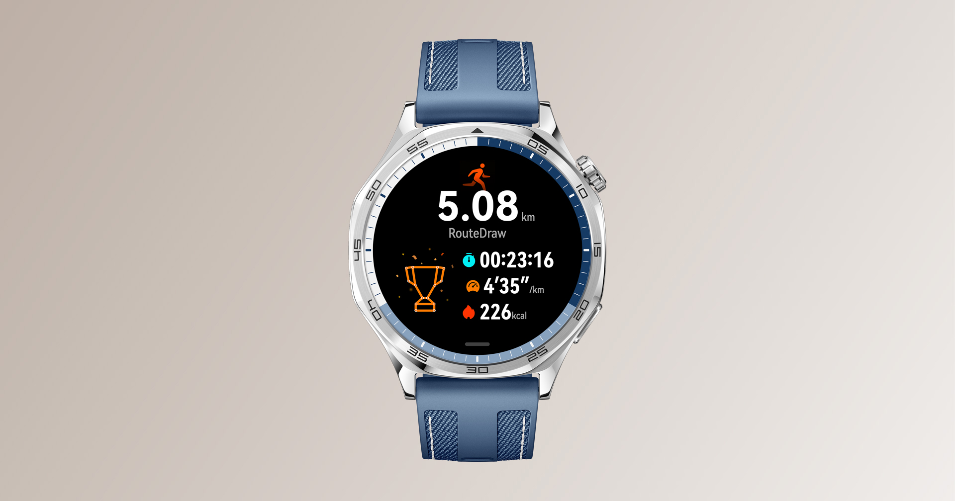Huawei Watch GT 5 displaying running workout metrics and RouteDraw