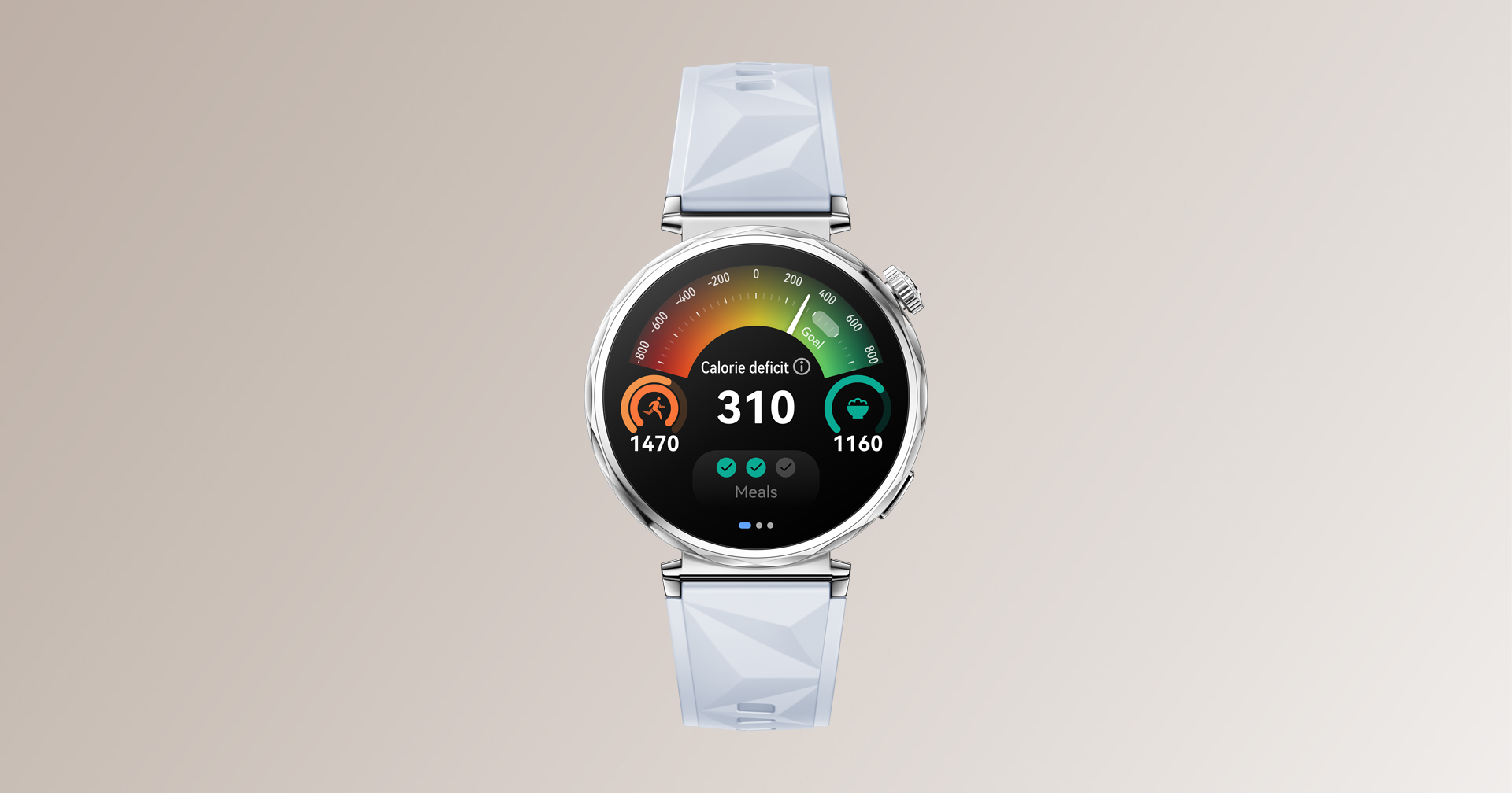 Huawei Watch GT 5 41mm model showing calorie deficit health dashboard