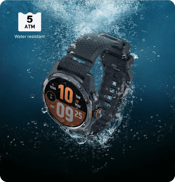 TicWatch Atlas submerged in water demonstrating 5ATM water resistance
