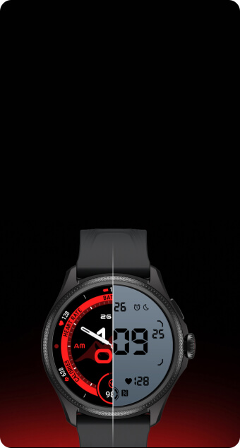 TicWatch Pro 5 Enduro dual display comparison showing AMOLED and ultra-low-power LCD modes side by side