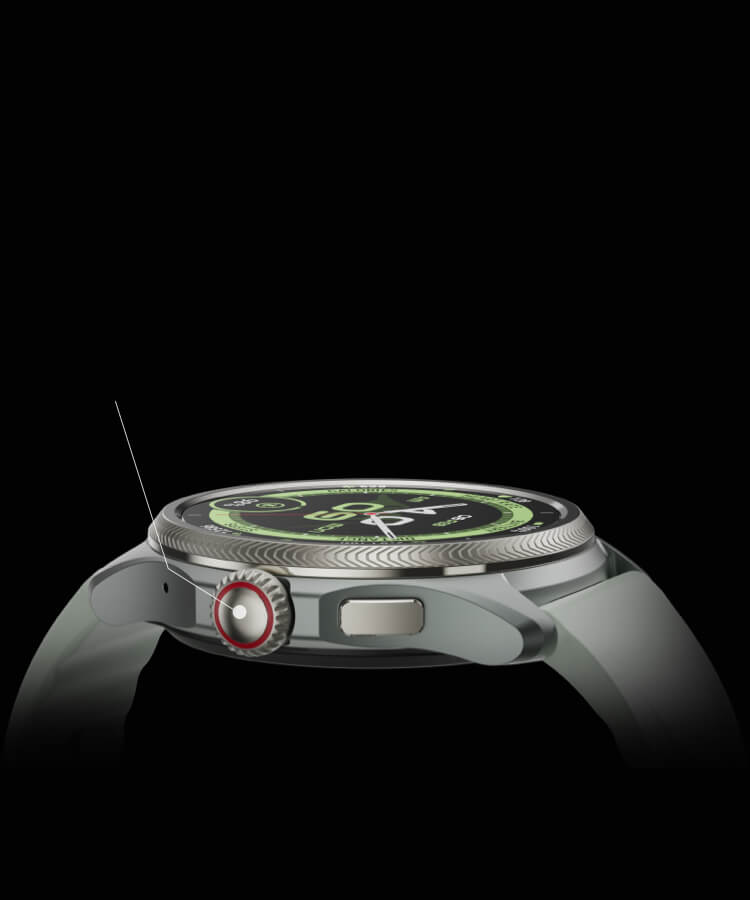 TicWatch Pro 5 Enduro side profile in silver titanium with sage green band showing crown and button detail