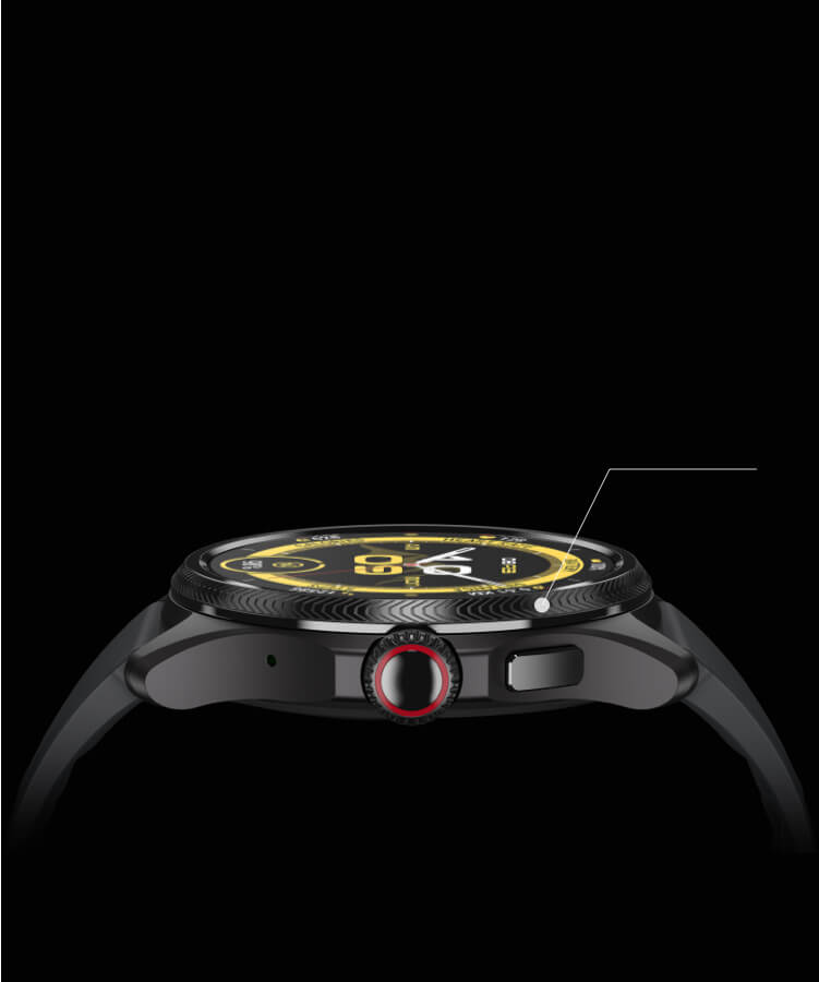 TicWatch Pro 5 Enduro side profile in black colorway with yellow watch face highlighting slim case design