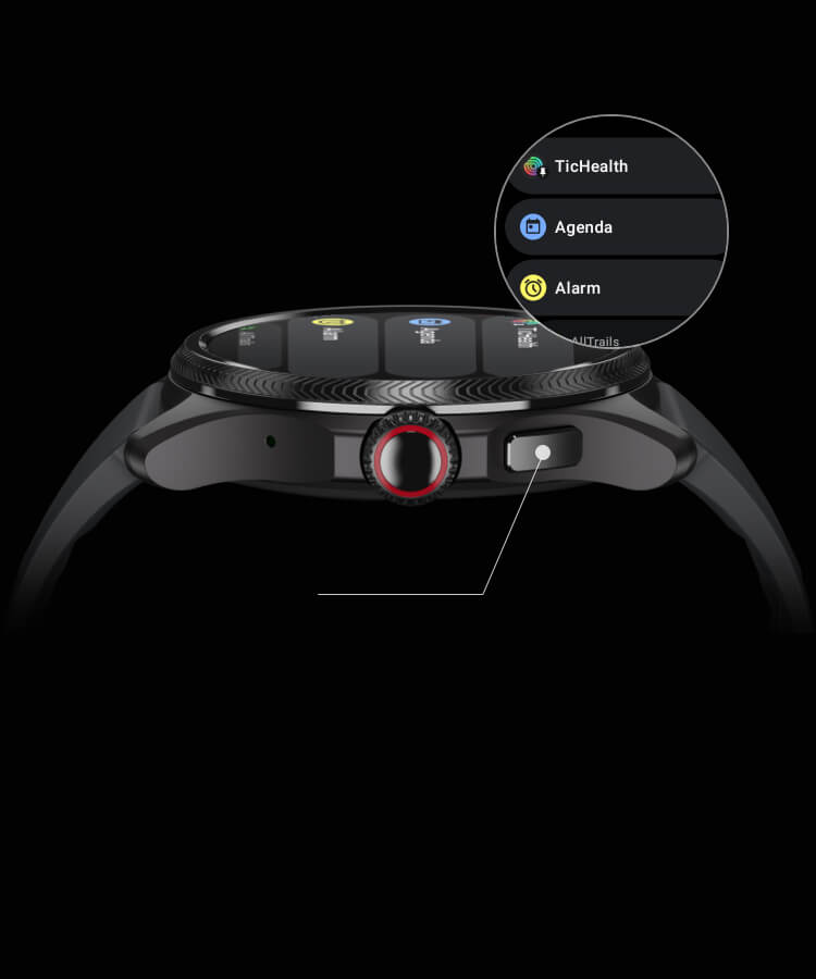 TicWatch Pro 5 Enduro app launcher displaying TicHealth Agenda and Alarm apps on Wear OS