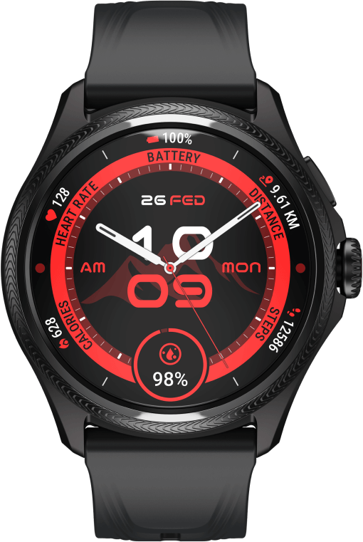 TicWatch Pro 5 Enduro front view in black with red watch face showing heart rate calories steps and SpO2 metrics
