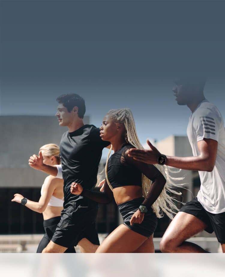 Athletes running outdoors wearing the Mobvoi TicWatch Pro 5 Enduro during a group workout