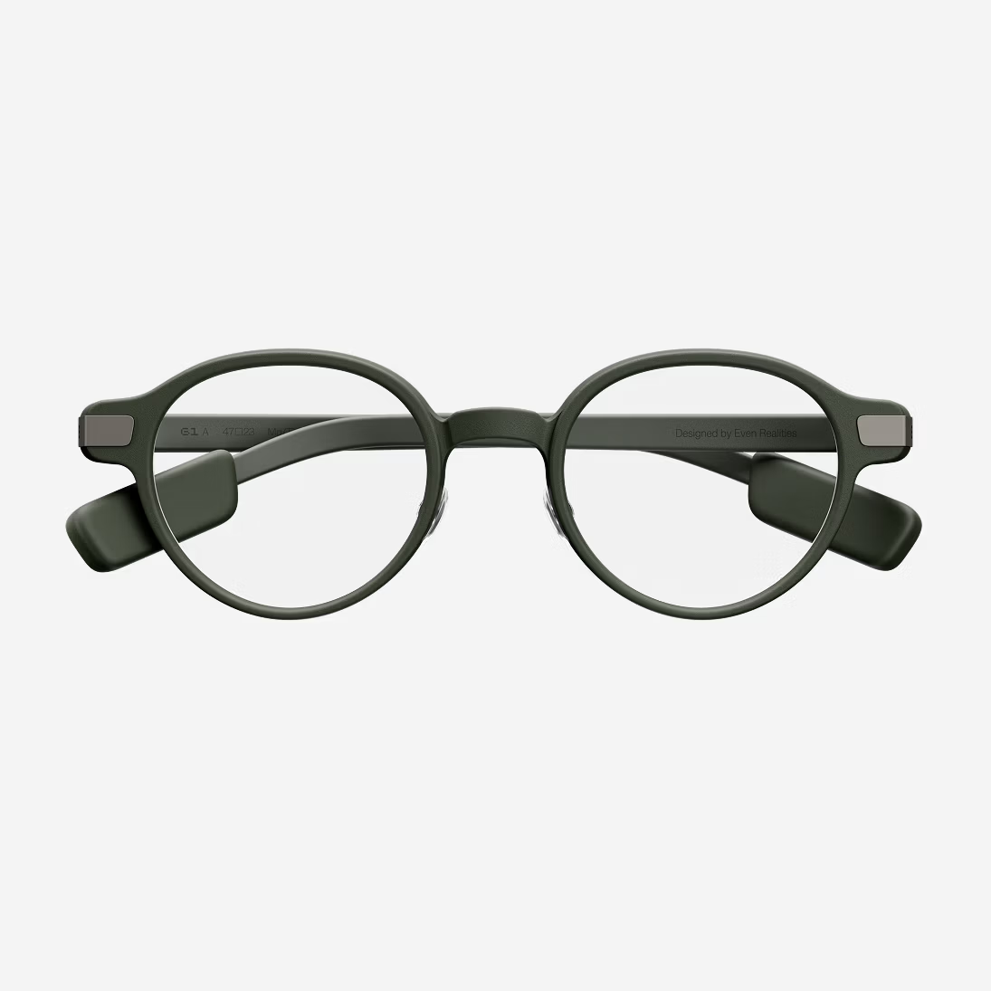 Even Realities G1 smart glasses — front view, olive green colorway