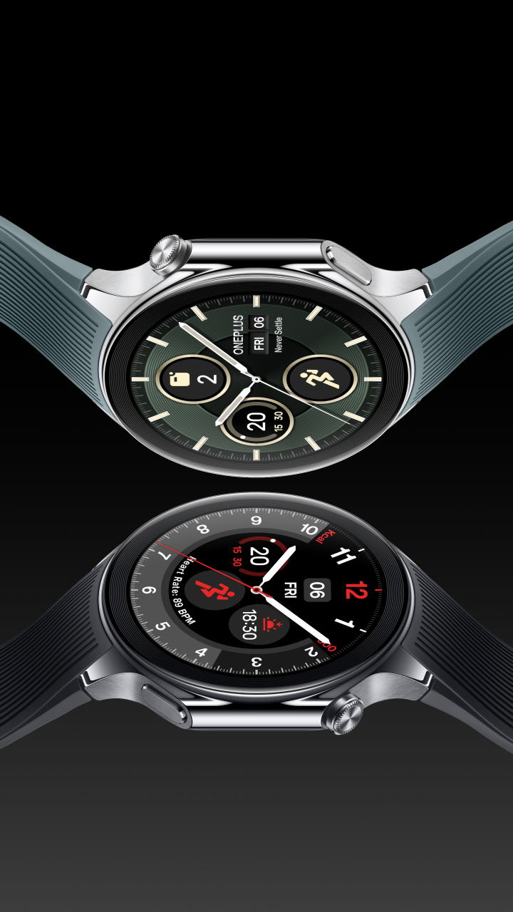 OnePlus Watch 2 in both silver teal and black colorways showing different watch faces
