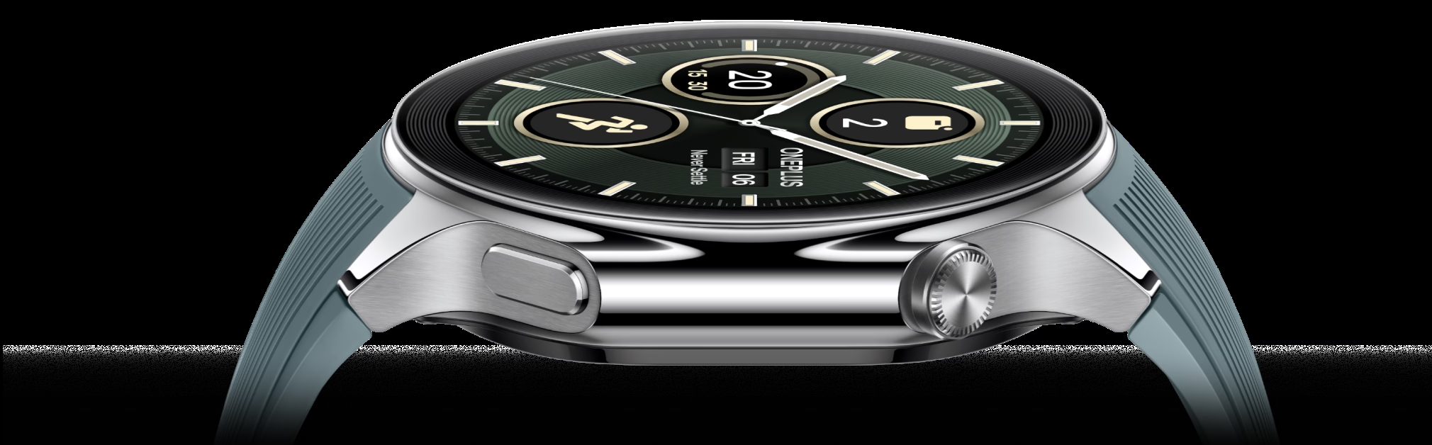 OnePlus Watch 2 side profile showing the crown button and case thickness