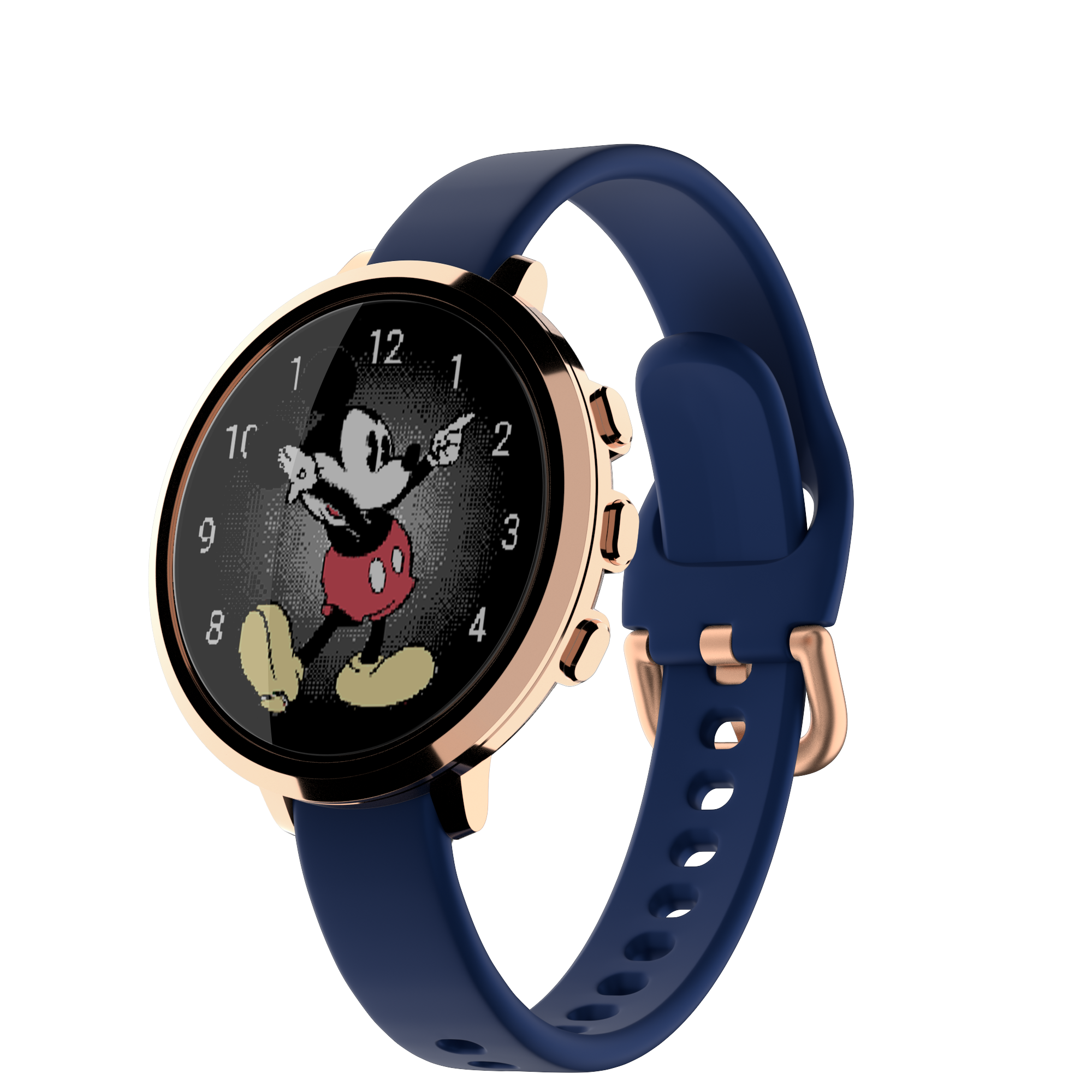 Pebble Round 2 Rose Gold with navy band showing Mickey Mouse e-paper watch face